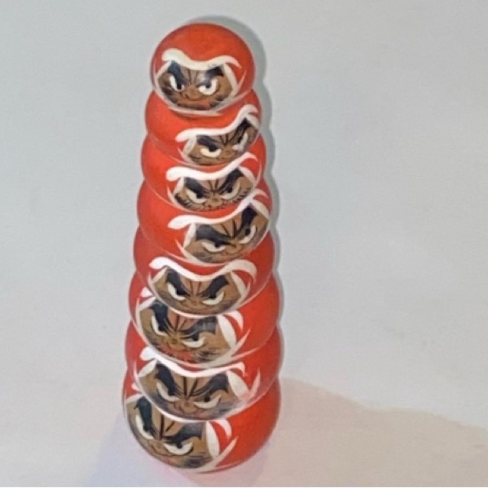 Daruma Doll Kokeshi Playful Red Orange Stacked Cat Figurines Wooden Art Japanese